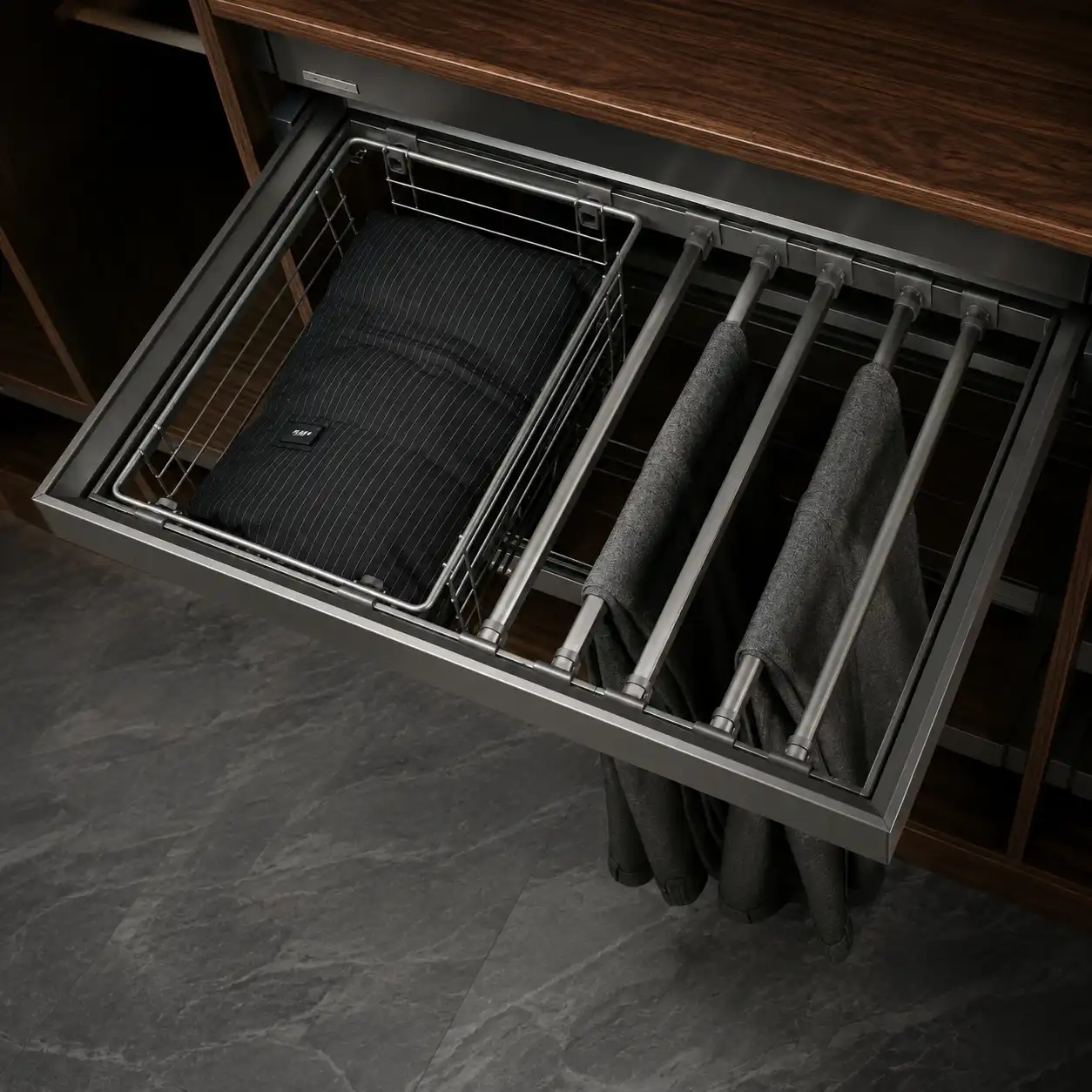 Pull-Out Pant Rack with Storage Basket