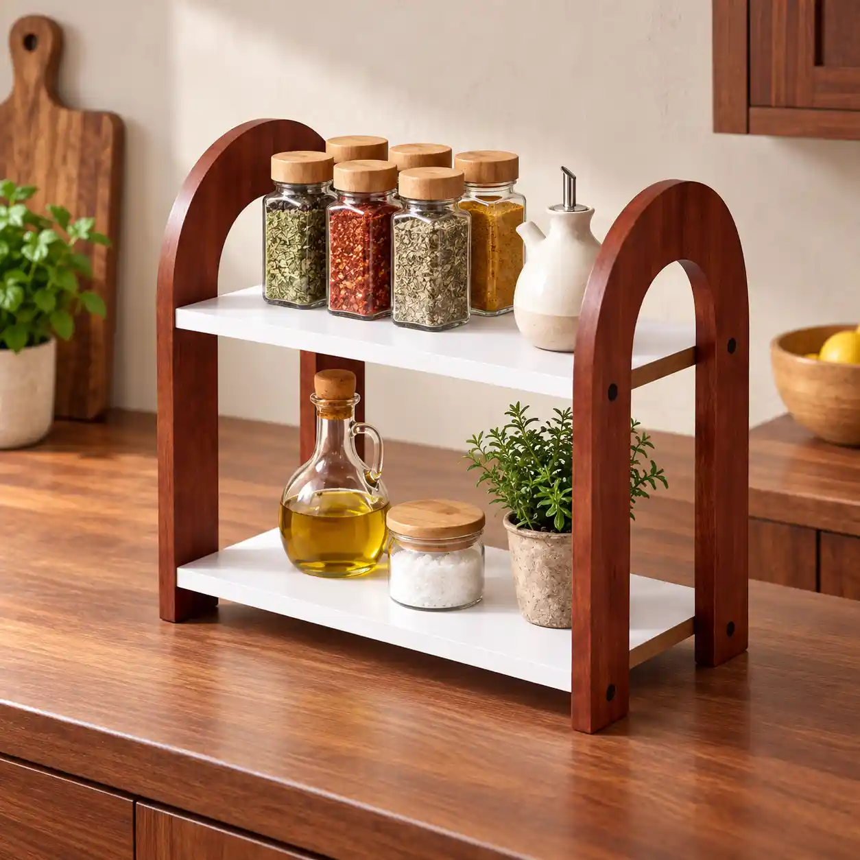 Two-Tier Wooden Kitchen Countertop Organizer