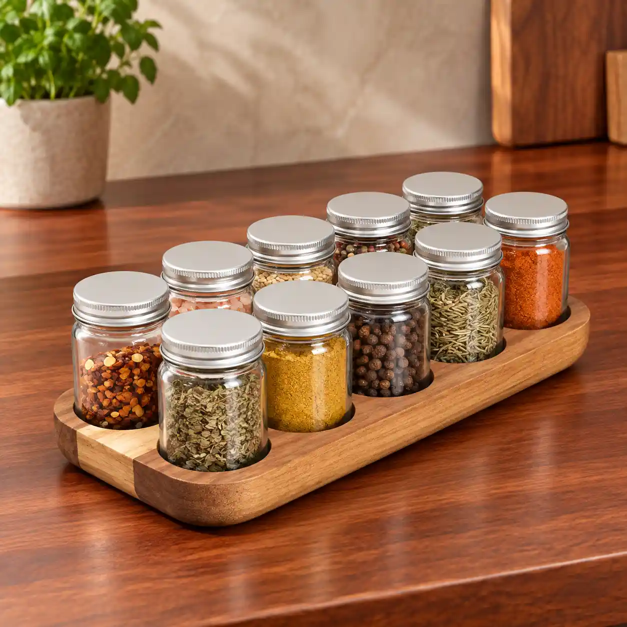 Wooden Spice Rack with Metal-Lid Jars